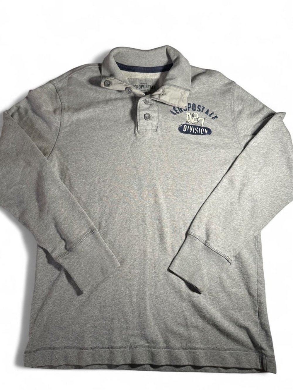 Aeropostale Men's Light Grey Long-Sleeve Polo with Navy Logo Detail
